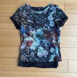 Mesh 90s style short sleeve baroque print top